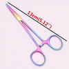 A pair of pink and silver surgical forceps is shown with a measurement line indicating a 13cm length.