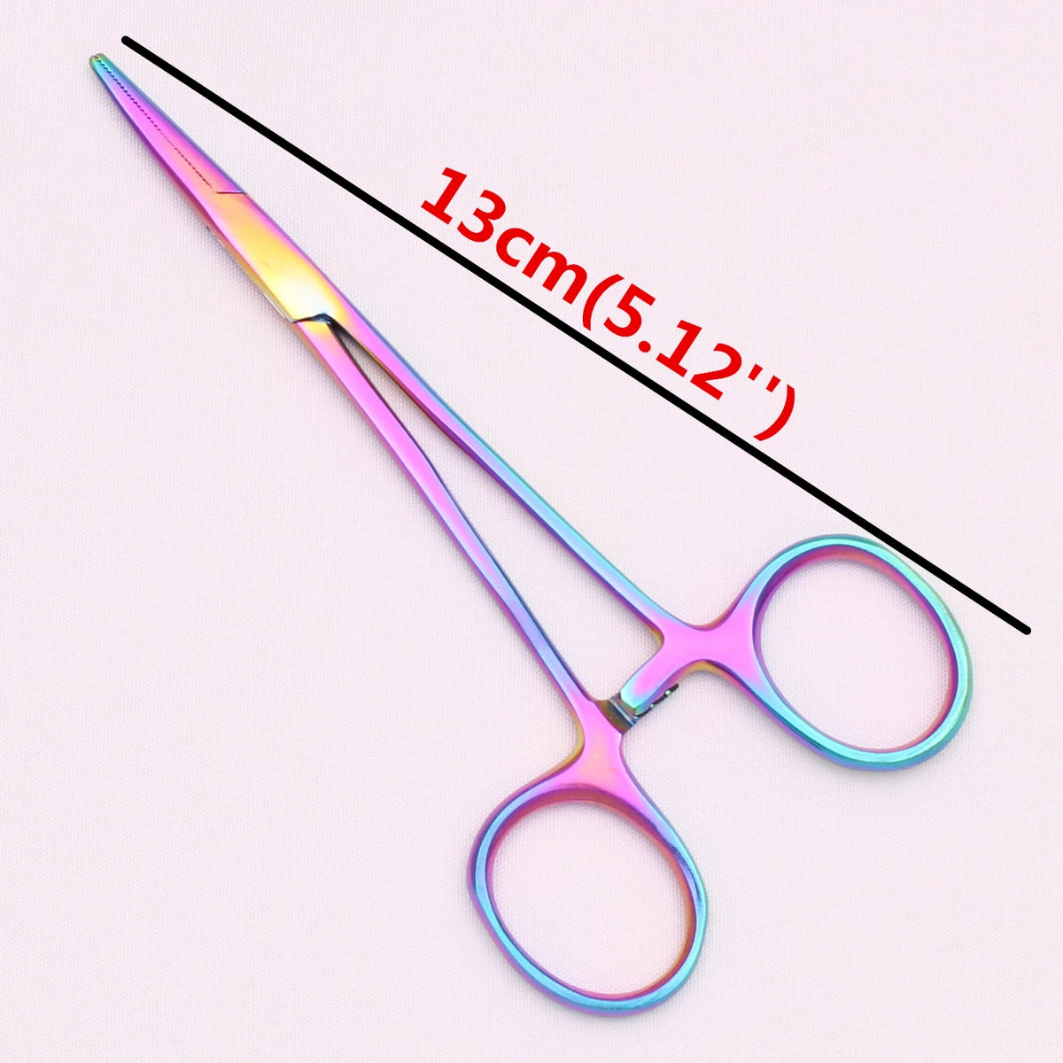 A pair of pink and silver surgical forceps is shown with a measurement line indicating a 13cm length.