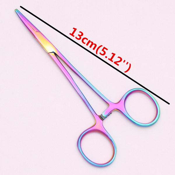A pair of pink and silver surgical forceps is shown with a measurement line indicating a 13cm length.