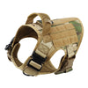 A tan heavy duty tactical dog harness with a padded vest and molli pouch system.