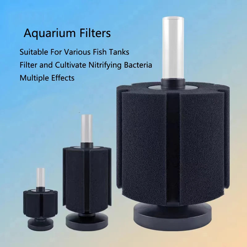 A black biochemical sponge filter for aquarium use shown in various sizes and configurations.