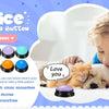 A child is using a voice recording button with eight colored pieces to record sounds for pets.