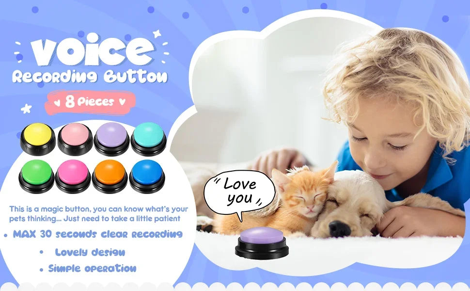 A child is using a voice recording button with eight colored pieces to record sounds for pets.