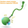 A green interactive rolling cat toy ball with a flexible green cord and clear housing.