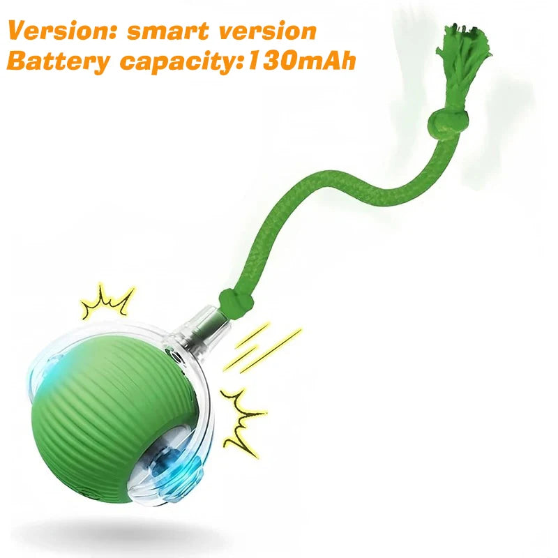 A green interactive rolling cat toy ball with a flexible green cord and clear housing.