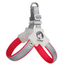 Gray and red adjustable reflective mesh dog harness vest with a metal clip.