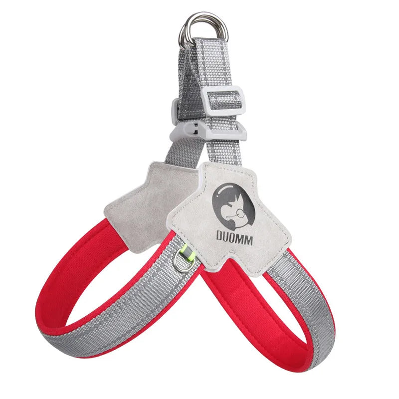 Gray and red adjustable reflective mesh dog harness vest with a metal clip.