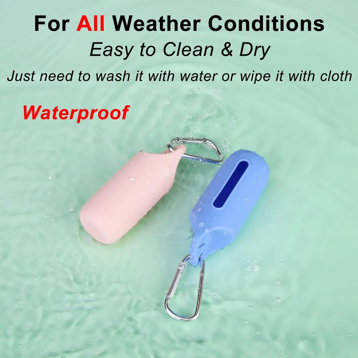A light pink silicone dog poop bag dispenser and storage holder floating in clear water.