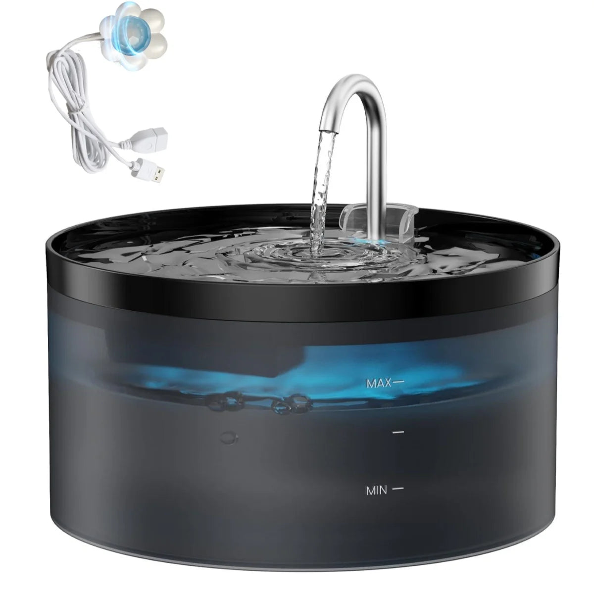 Fontaine à eau automatique noire avec bec argenté, affichant un flux d'eau clair.