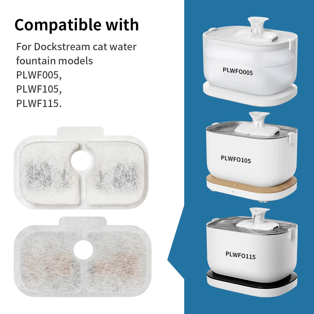 A set of white cat water filters for Dockstream fountain models PLWF005, PLWF105, and PLWF115.