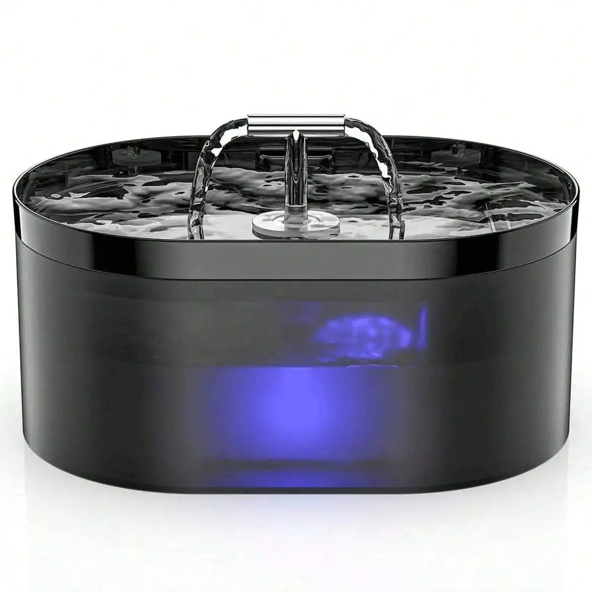 Fontaine à eau automatique noire avec lumière bleue et distributeur en acier inoxydable.