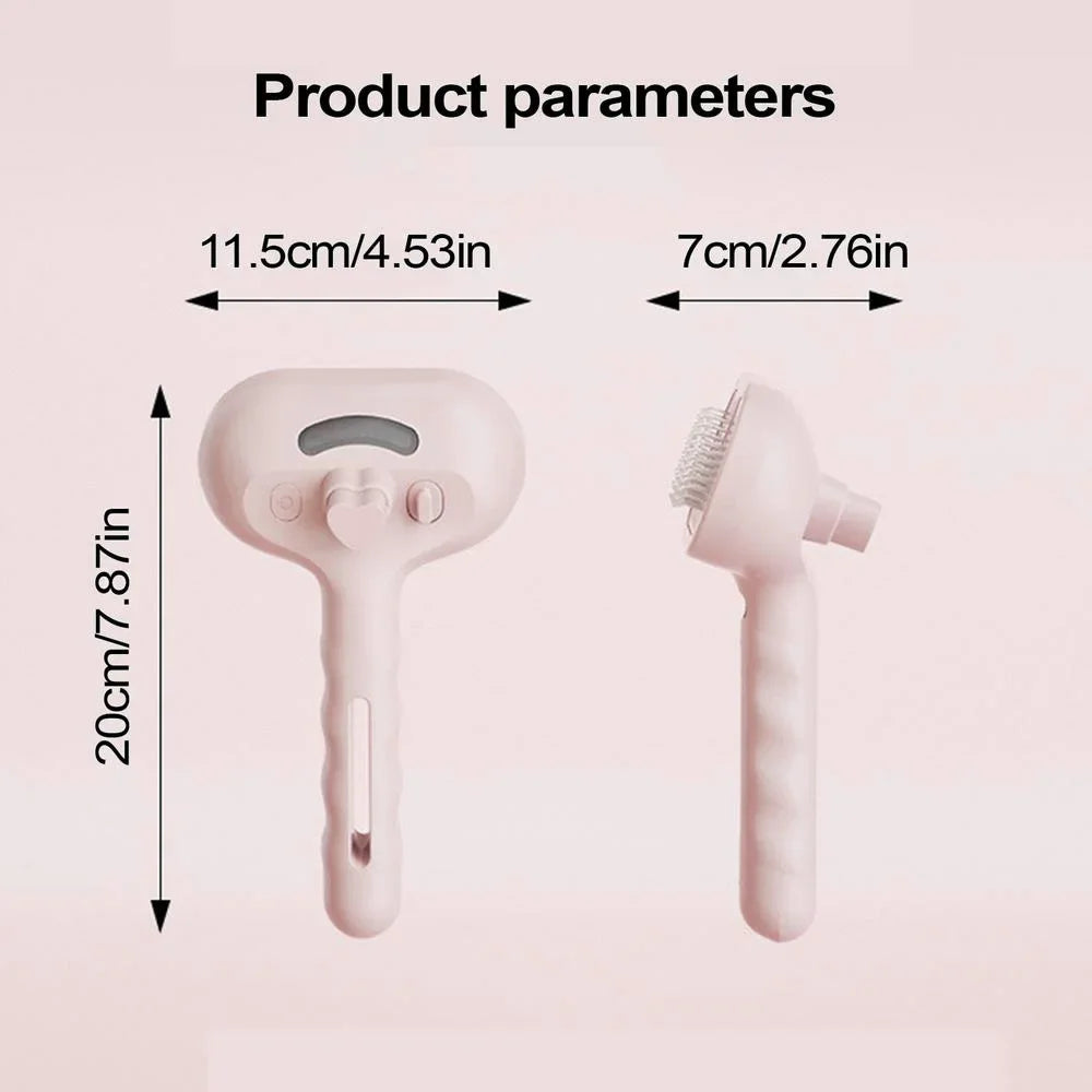 Peine para mascotas rosa y cepillo de vapor con sus dimensiones