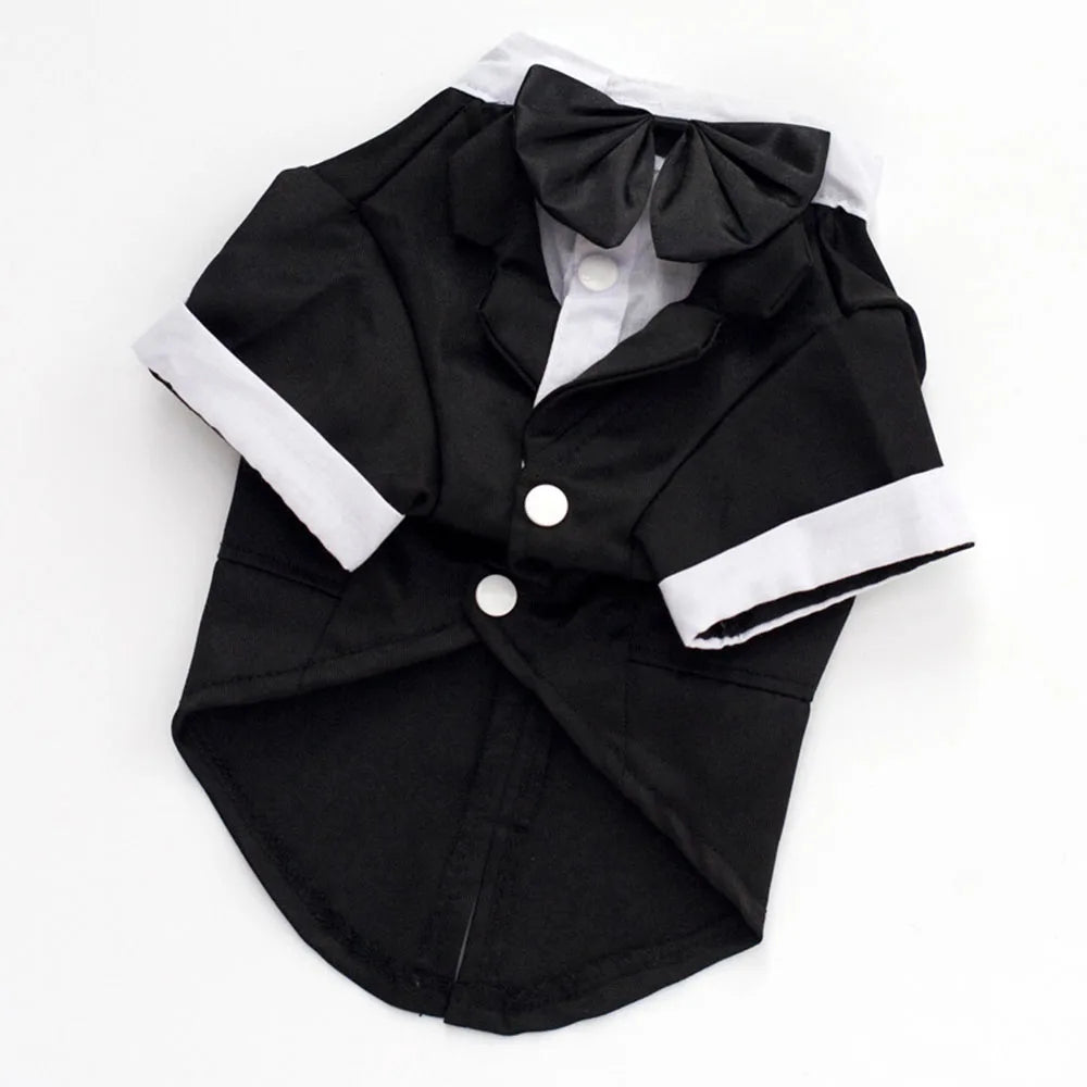 Black tuxedo outfit with a white bow tie and lapels displayed flat.