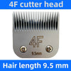 A close-up view of a 4F cutter head with a 9.5mm blade for pet hair grooming.