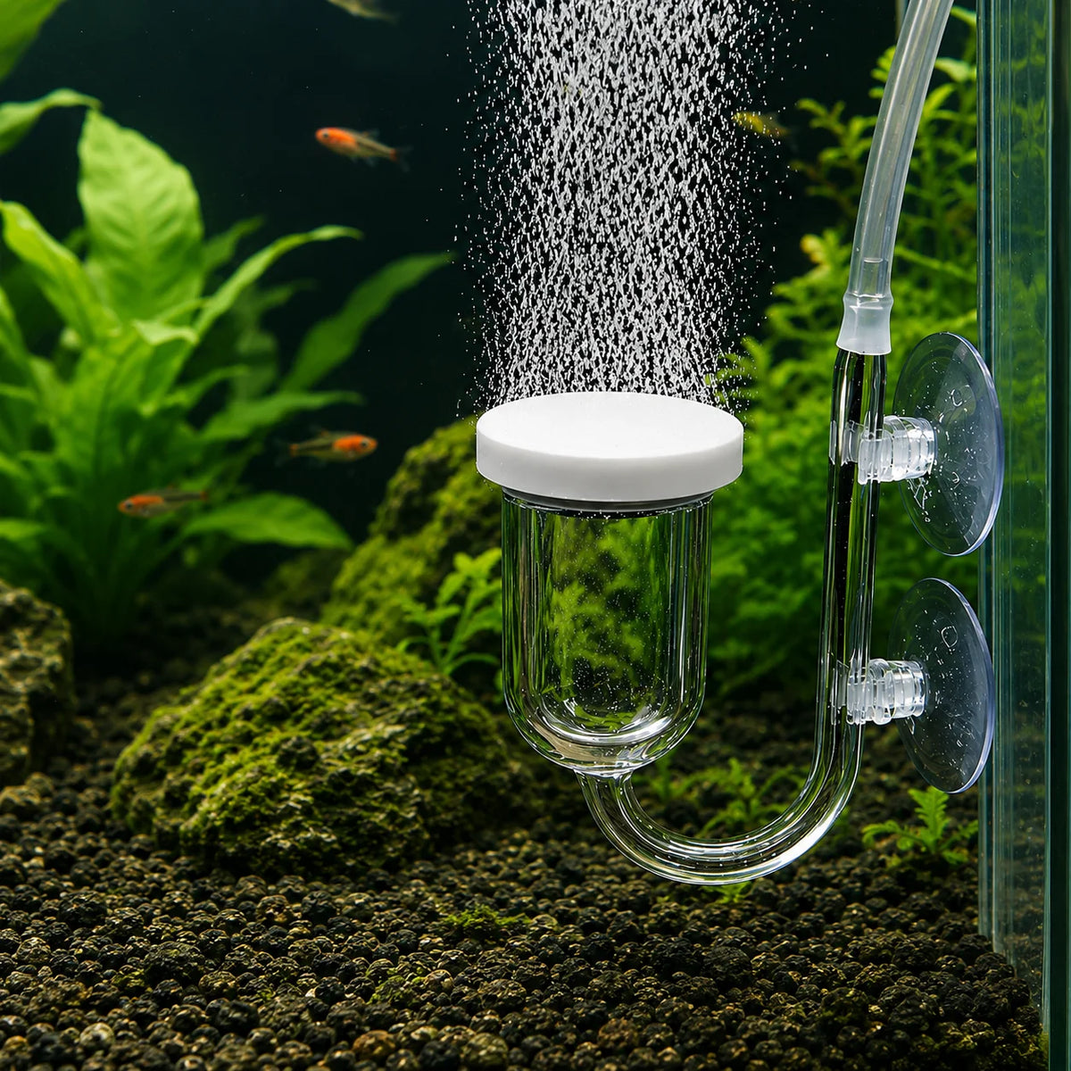 A clear glass aquarium CO2 diffuser with a white cap, tubing, and suction cups, releasing fine bubbles into the water.