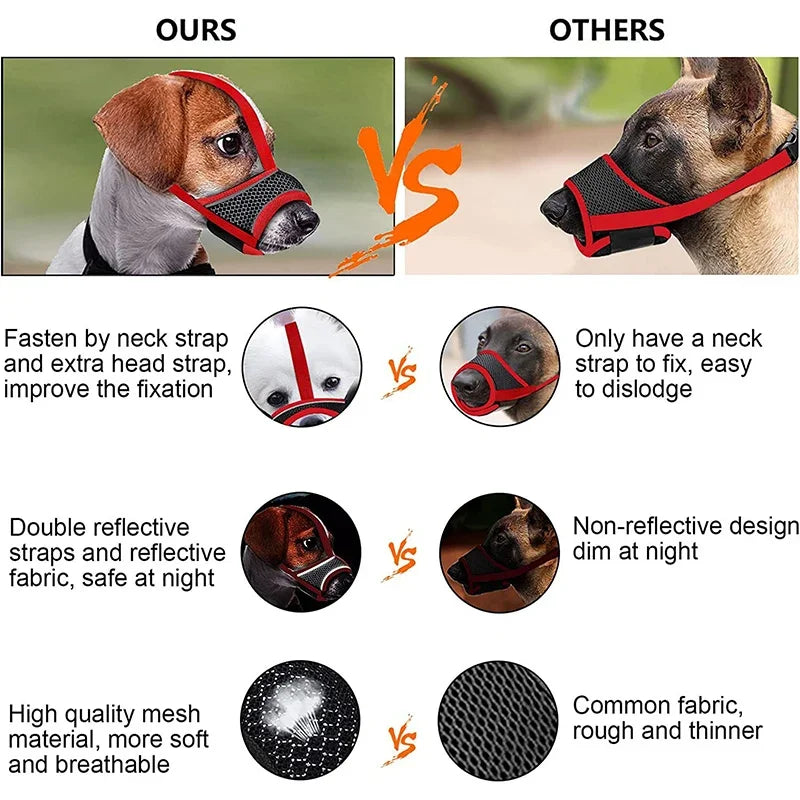 Comparison of an adjustable reflective soft dog muzzle showing features like fastening, reflectivity, and material quality.