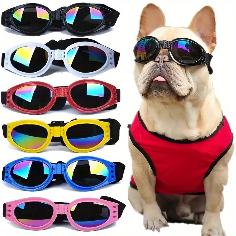 A collection of colorful collapsible dog sunglasses for pets with adjustable straps.
