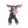A plush squeaky dog toy shaped like a gray and pink cow with corduroy texture.
