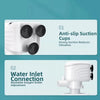 Diagram showing features of an aquarium water circulation pump including anti-slip suction cups and a water inlet connection.