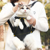 A small white and gray kitten is being held in an adjustable black carrier backpack by a person outdoors.