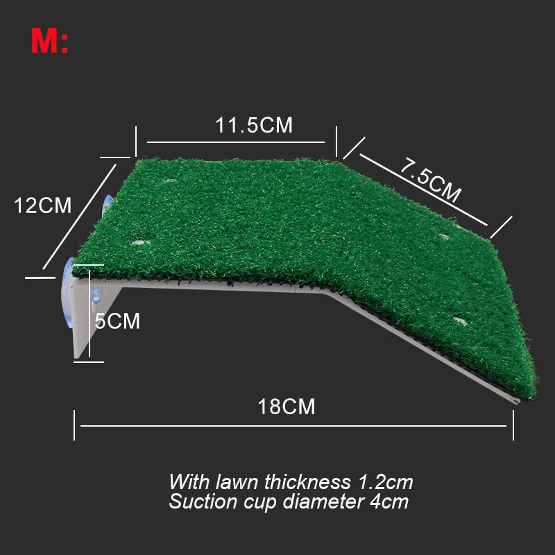 Plateforme verte pour tortue, 18cm de long et 12cm de large, avec un diamètre de ventouse de 4cm.
