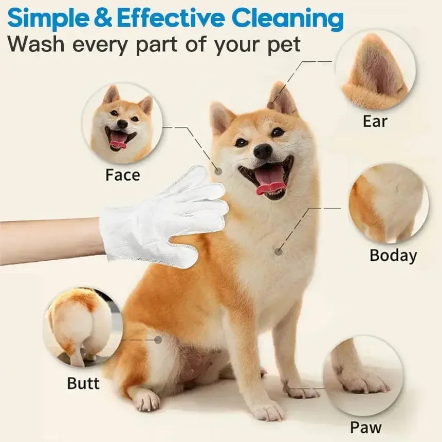 Diagram showing how to use pet cleaning wipes on a dog, highlighting areas like the face, ear, body, butt, and paw.
