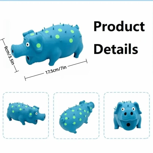 A blue pig squeaky toy with small green bumps, shown from the side and in detail.