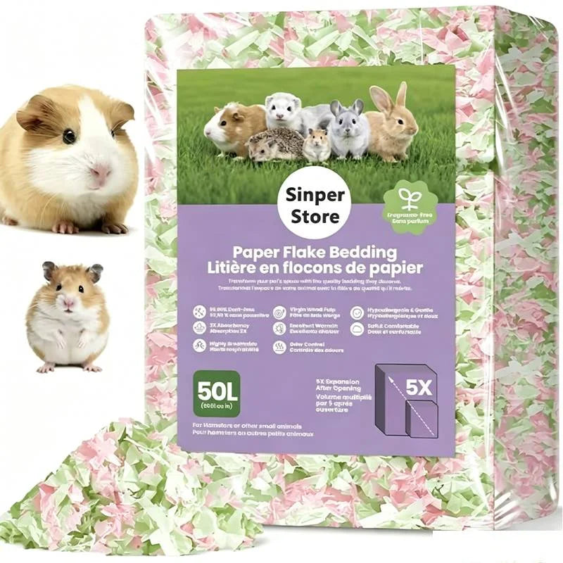 Verpackung für Papierflocken-Bett für Syrische Hamster, zeigt das Produkt und einen Hamster.