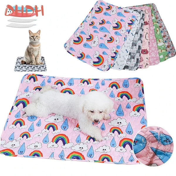 A colorful washable pet training mat featuring rainbows, clouds, and various patterns for dogs.