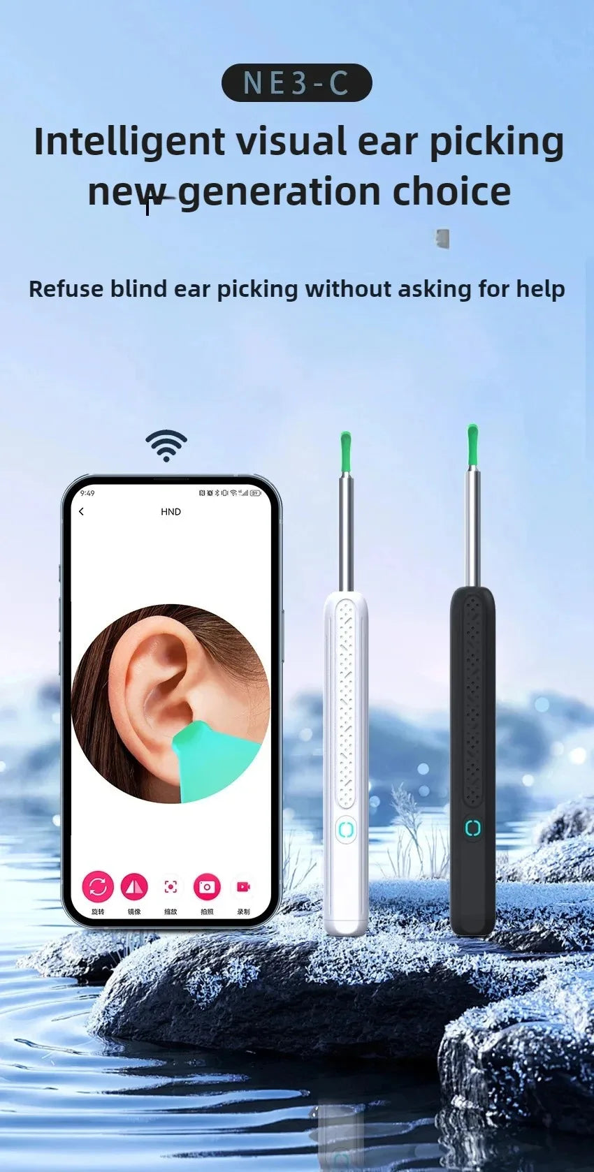 Ein Paar intelligente Visuelle Ohrenreinigungsgeräte werden auf einem Smartphone-Bild vor einer verschneiten, eisigen Kulisse