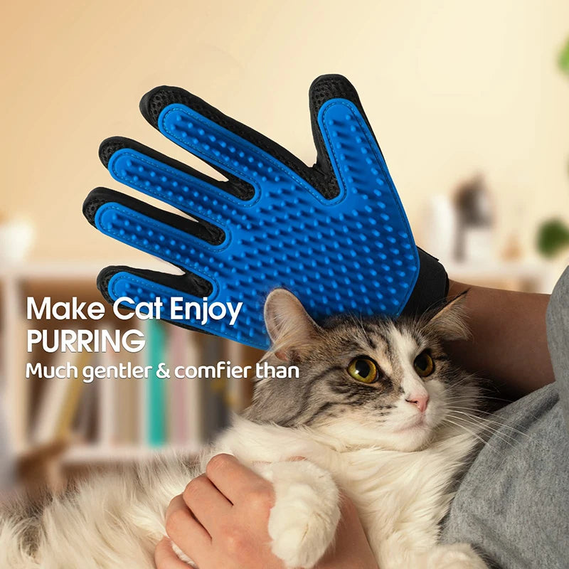 A hand wearing a blue silicone pet grooming glove gently petting a tabby cat.