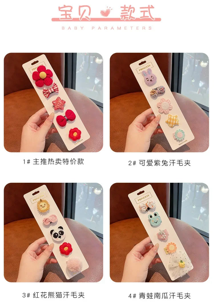 Four sets of adorable flower-shaped baby hair clips are displayed on a card, featuring various colors and designs.