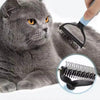 A gray cat is being groomed with a stainless steel pet hair remover comb.