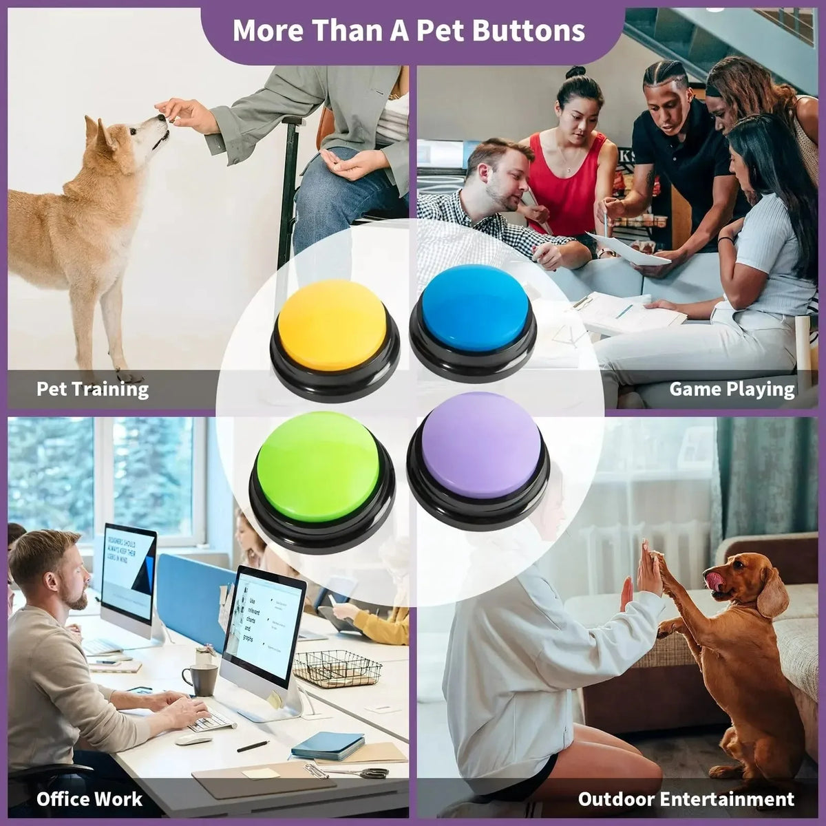 A collage showing various uses of talking pet training buttons for pet training, game playing, office work, and outdoor enter