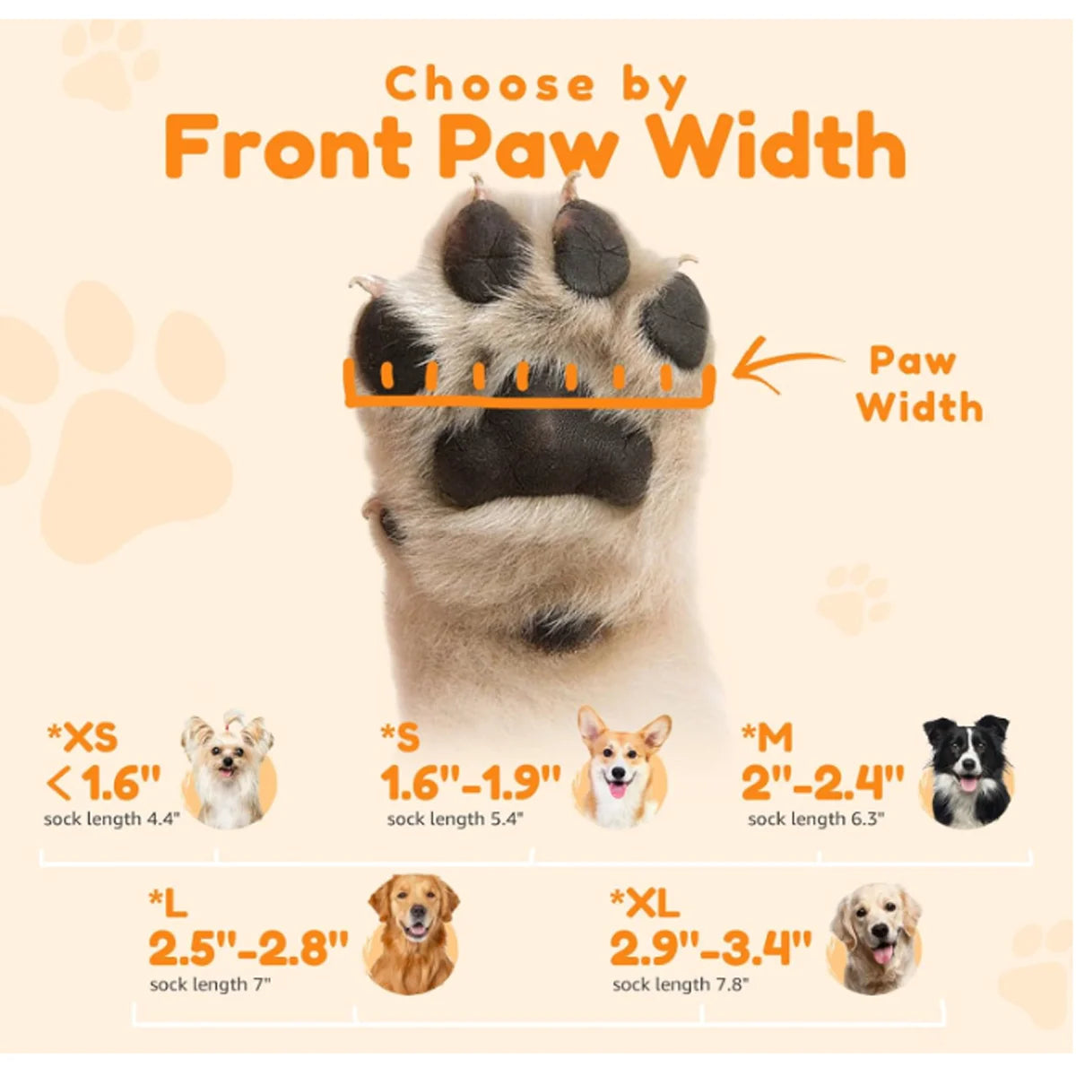 Diagram showing various sizes of dog paw widths corresponding to different sock lengths for waterproof anti-slip dog socks