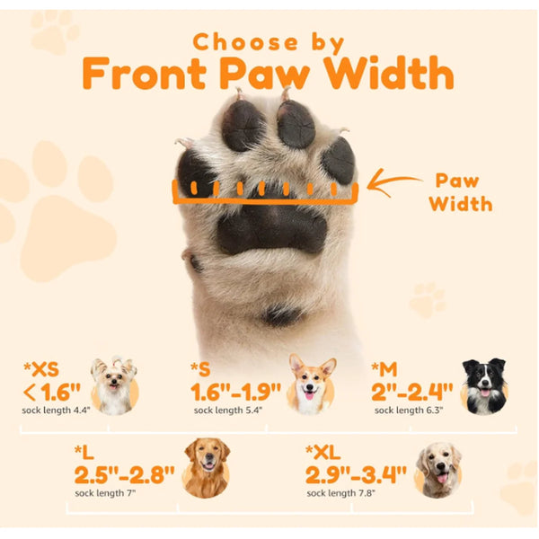 Diagram showing various sizes of dog paw widths corresponding to different sock lengths for waterproof anti-slip dog socks