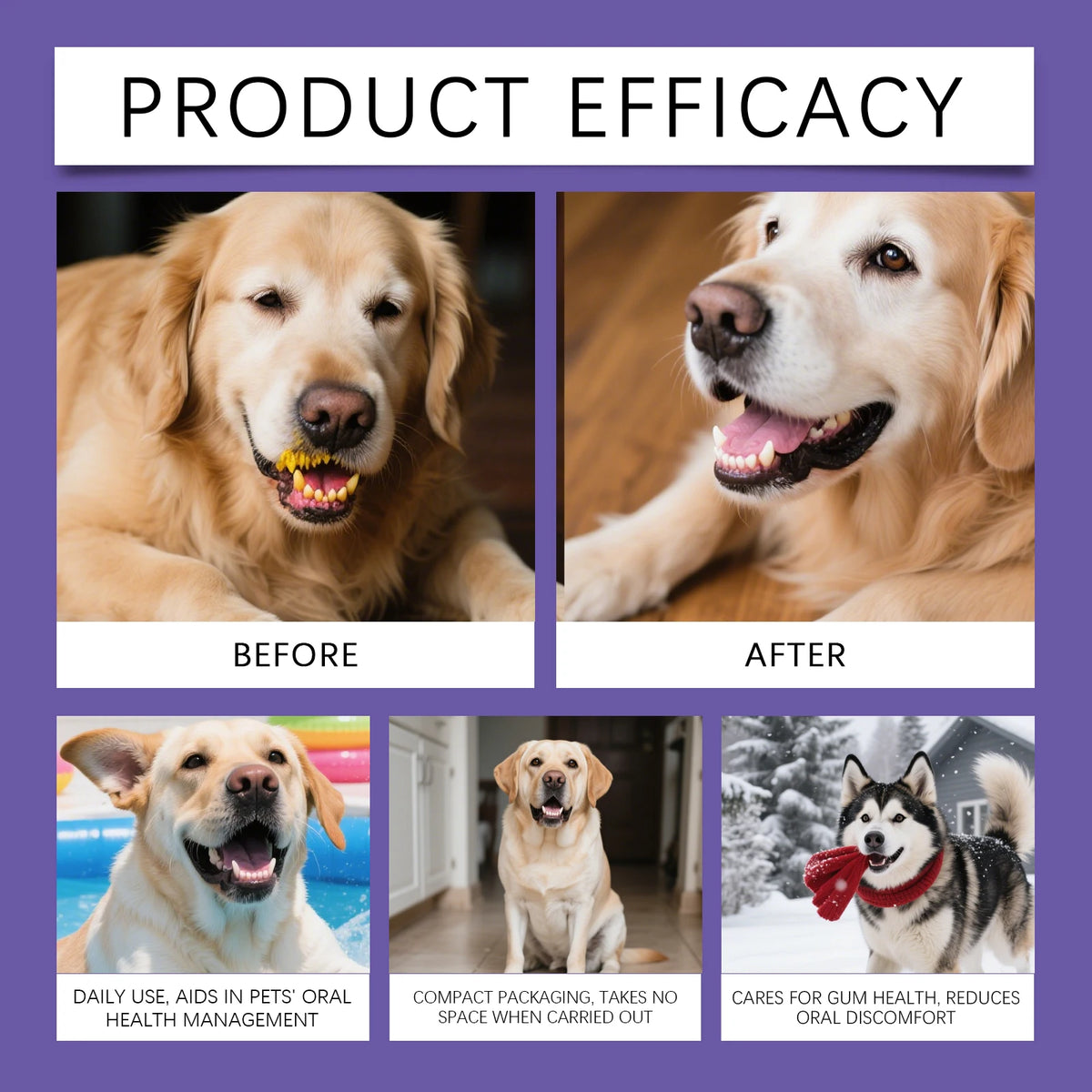 Before and after images showing the efficacy of pet dental care wipes for dogs and cats.