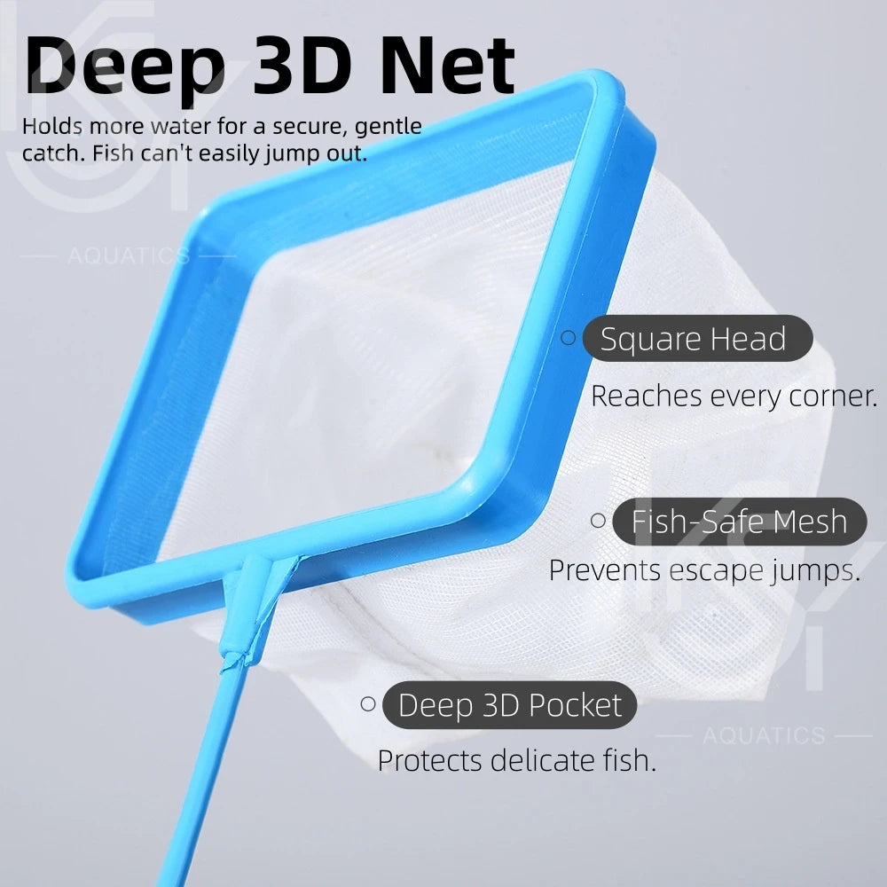 A blue mesh fish net with a square head and deep pocket is shown, designed to hold water for a secure catch.