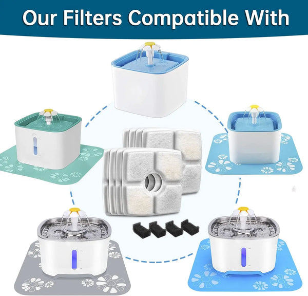 Image showing various replacement filters for a cat water fountain, including silicone and mesh types.