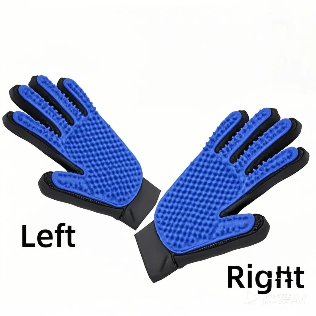 Ein Paar blaue Silikon-Tierhaarkämme und Massagebürsten mit Beschriftungen für links und rechts.
