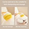 A yellow silicone pet bath brush used for dry hair massage and wet hair cleansing on a white pet.