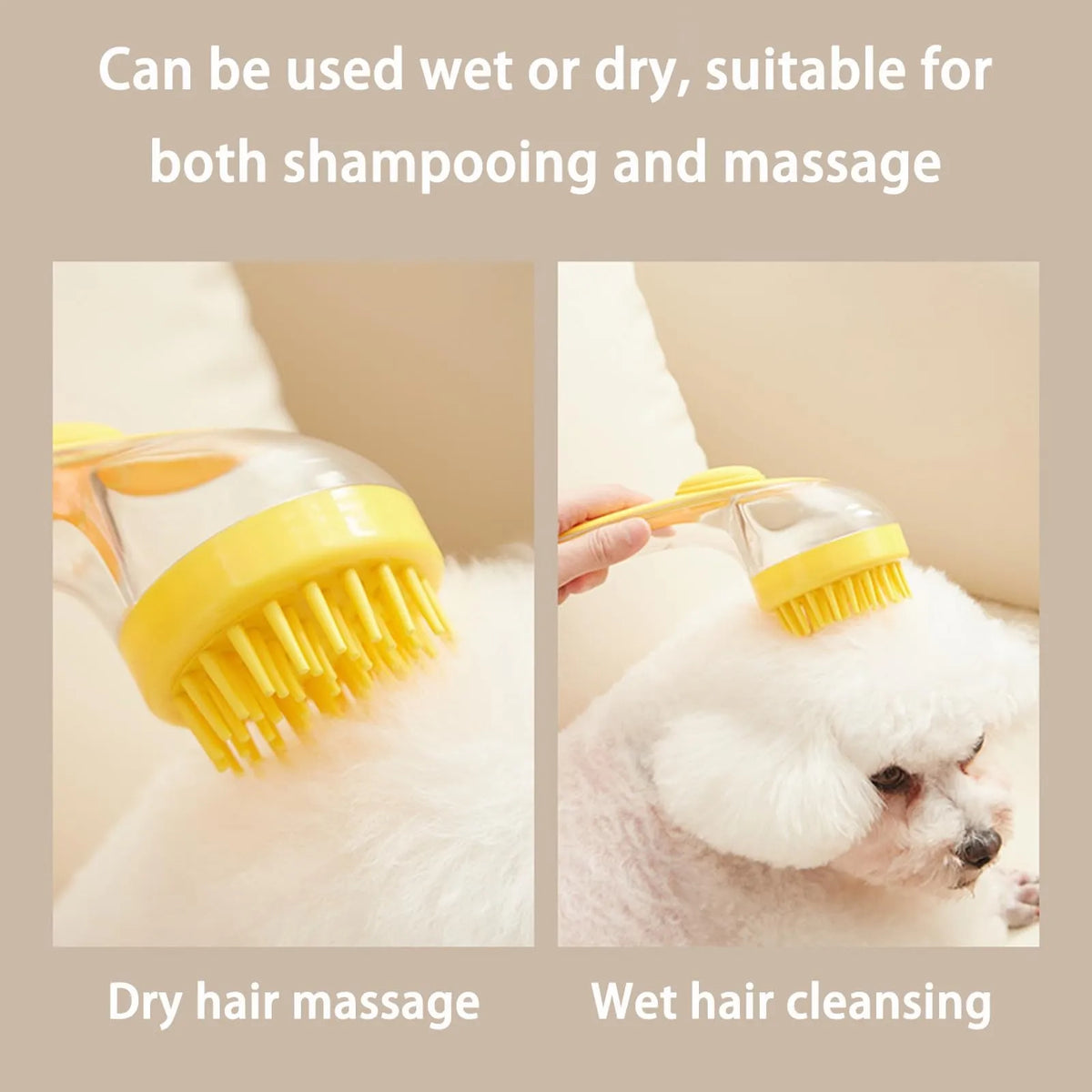 A yellow silicone pet bath brush used for dry hair massage and wet hair cleansing on a white pet.