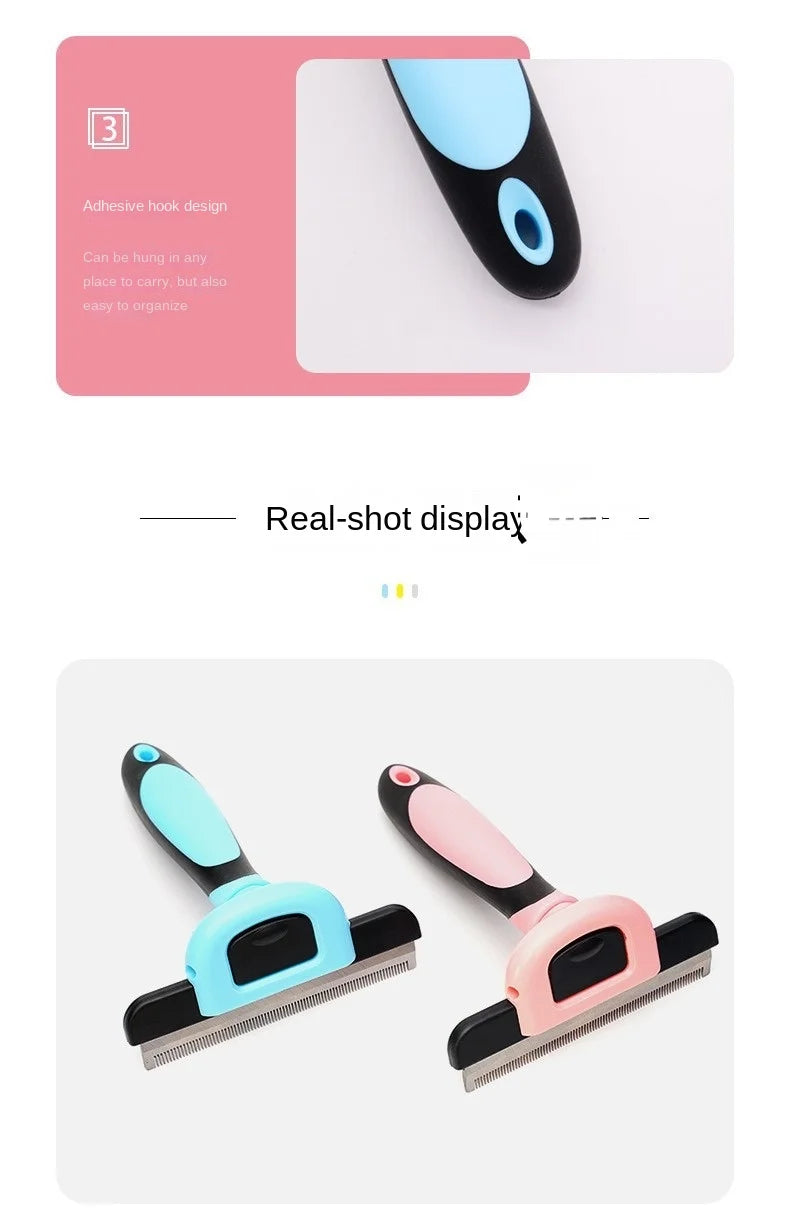 A set of detachable pet hair grooming combs in light blue and pink colors shown against a white background.