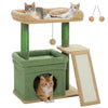 A compact cat tree with sisal scratching posts and cozy perches featuring a green base and beige fabric.