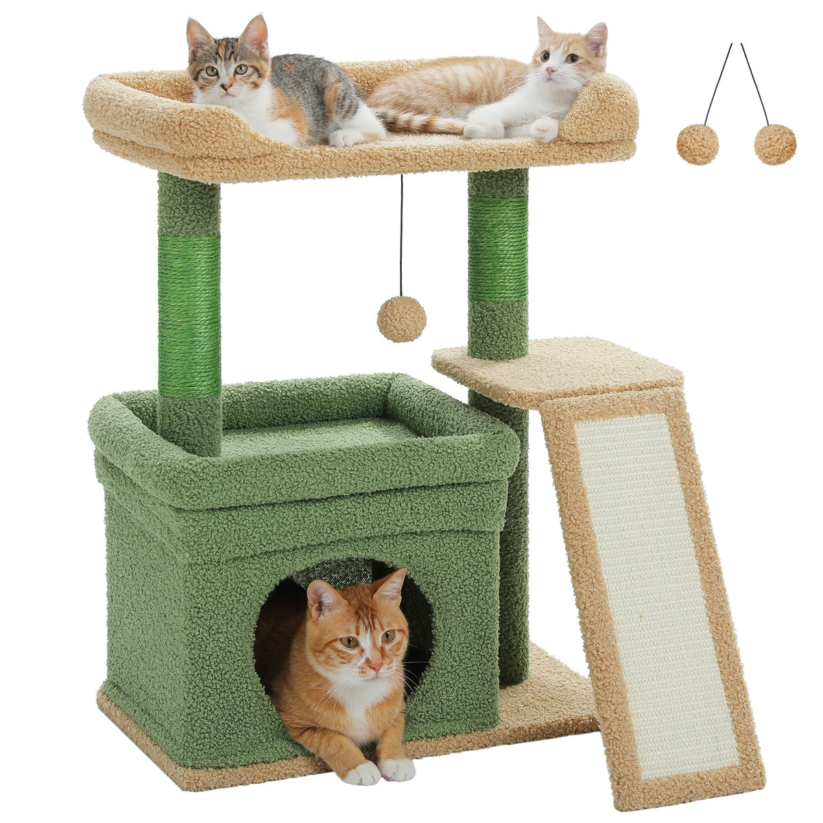 A compact cat tree with sisal scratching posts and cozy perches featuring a green base and beige fabric.