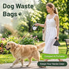 A woman is walking a golden retriever while carrying dog waste bags and a dispenser for convenient cleanup.
