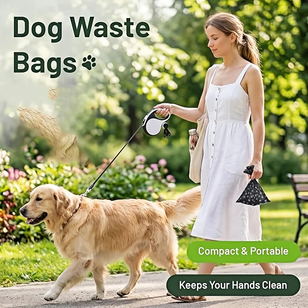 A woman is walking a golden retriever while carrying dog waste bags and a dispenser for convenient cleanup.