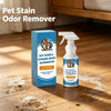 A bottle of Pet Stain & Strong Odor Eliminator spray next to its box on a wooden floor.