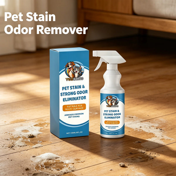 A bottle of Pet Stain & Strong Odor Eliminator spray next to its box on a wooden floor.