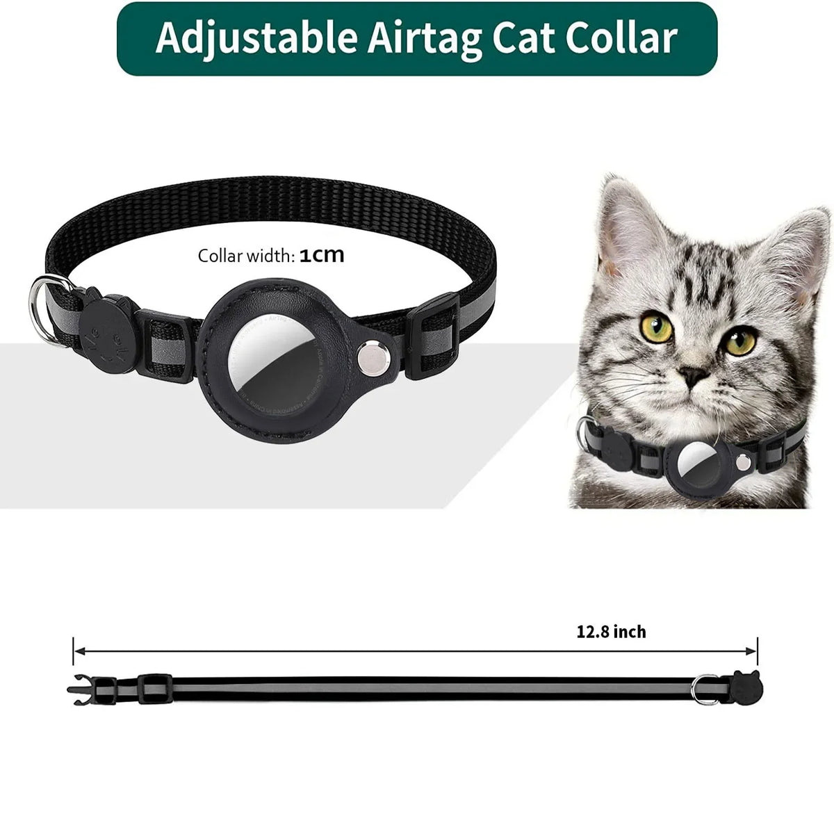 Black adjustable AirTag cat collar with a long strap and breakaway buckle shown next to a cat.